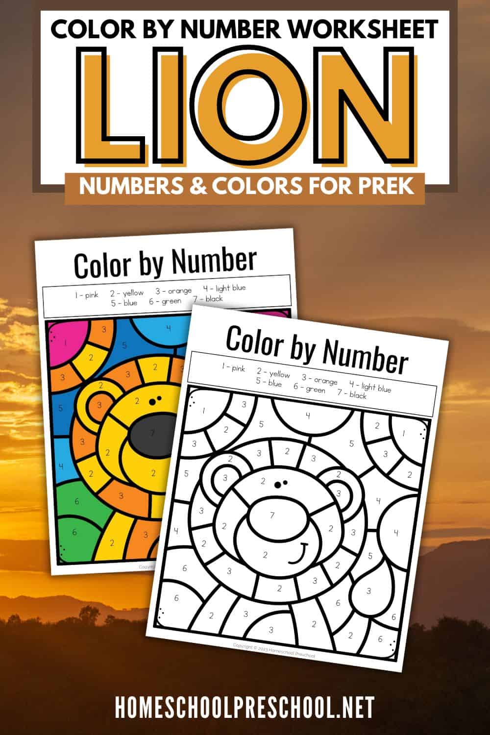 Lion color by number worksheets for preschoolers