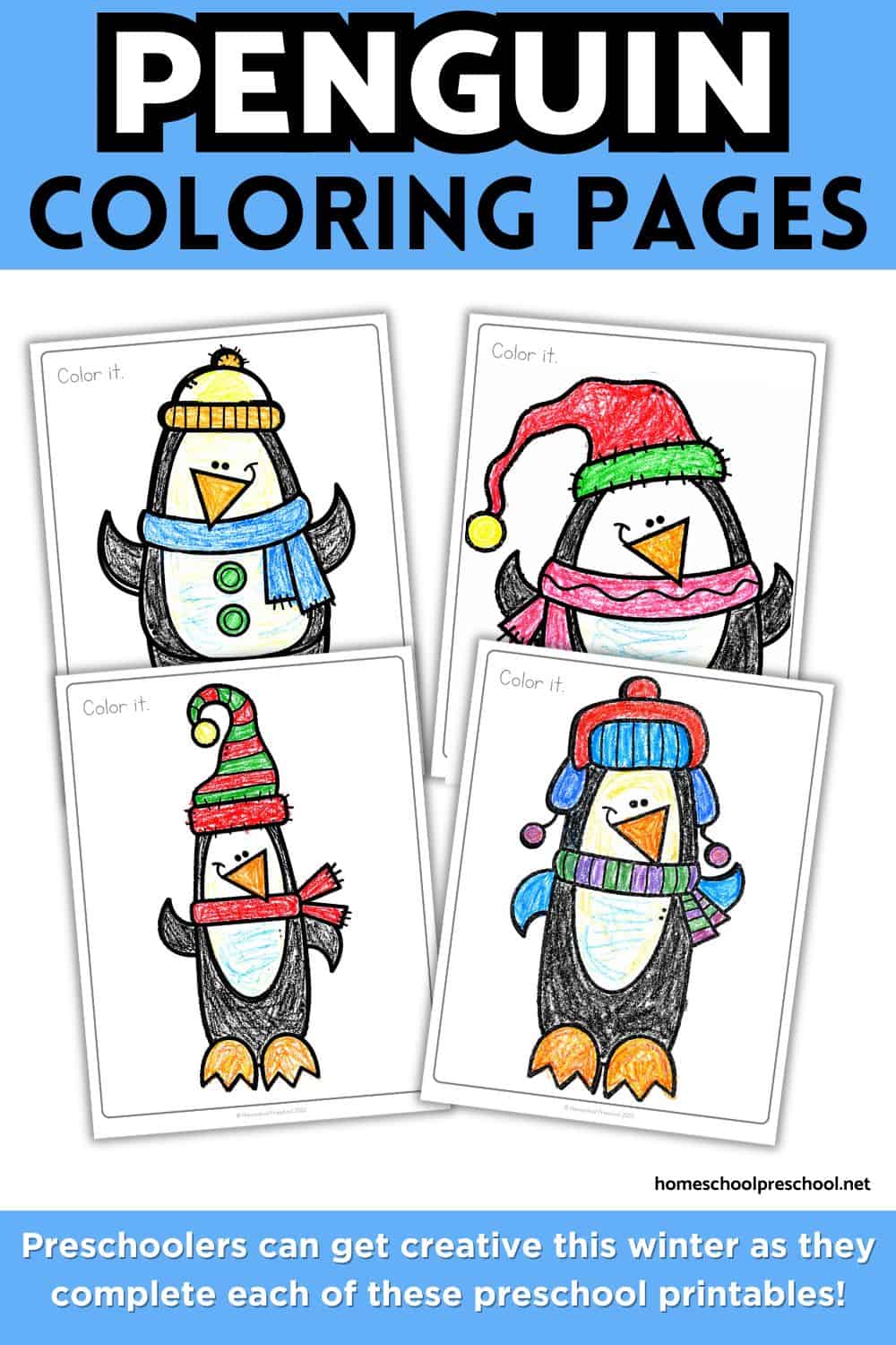 Preview of penguin coloring pages for preschoolers showing four winter penguin preschool coloring pages colored with crayons.