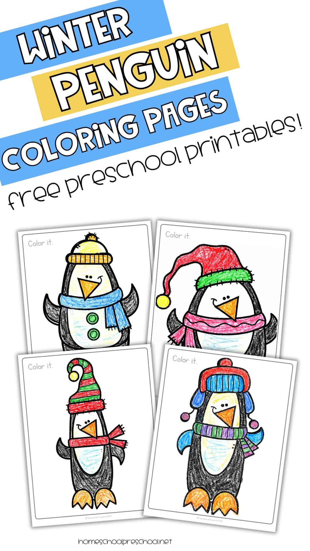 Winter penguin coloring pages for preschoolers showing four penguin preschool printables colored with crayons.