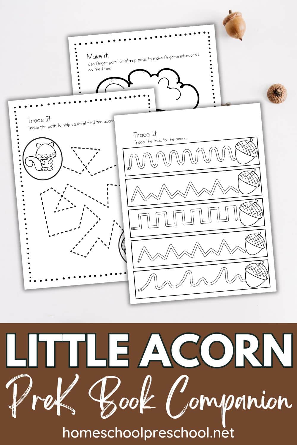 Printable Little Acorn-themed preschool worksheets for tracing lines and making fingerprint acorns, with acorns on a white background.