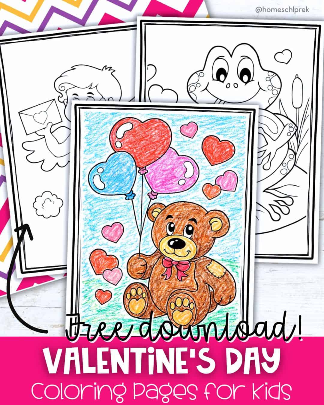 Free Valentine’s Day coloring pages for kids featuring a teddy bear holding heart balloons and cute Valentine characters.