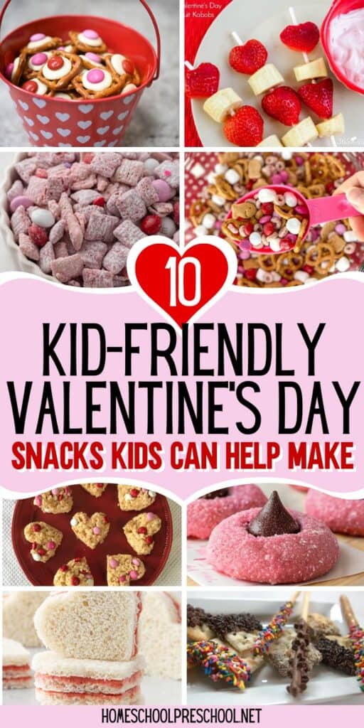 Collage of kid-friendly Valentine’s Day snacks like pretzel bites, heart-shaped sandwiches, fruit kabobs, and red sprinkle cookies with text overlay: “10 Kid-Friendly Valentine’s Day Snacks Kids Can Help Make – homeschoolpreschool.net”