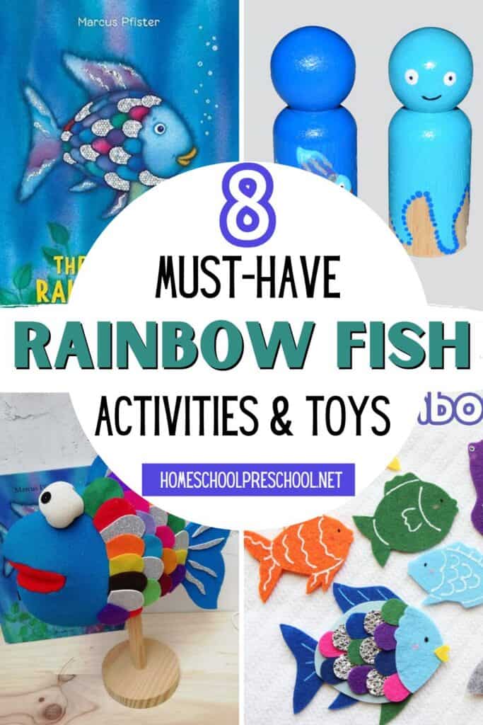 Collage of Rainbow Fish activities and toys including the Rainbow Fish book, peg dolls, felt fish pieces, and a rainbow fish puppet for preschool storytime