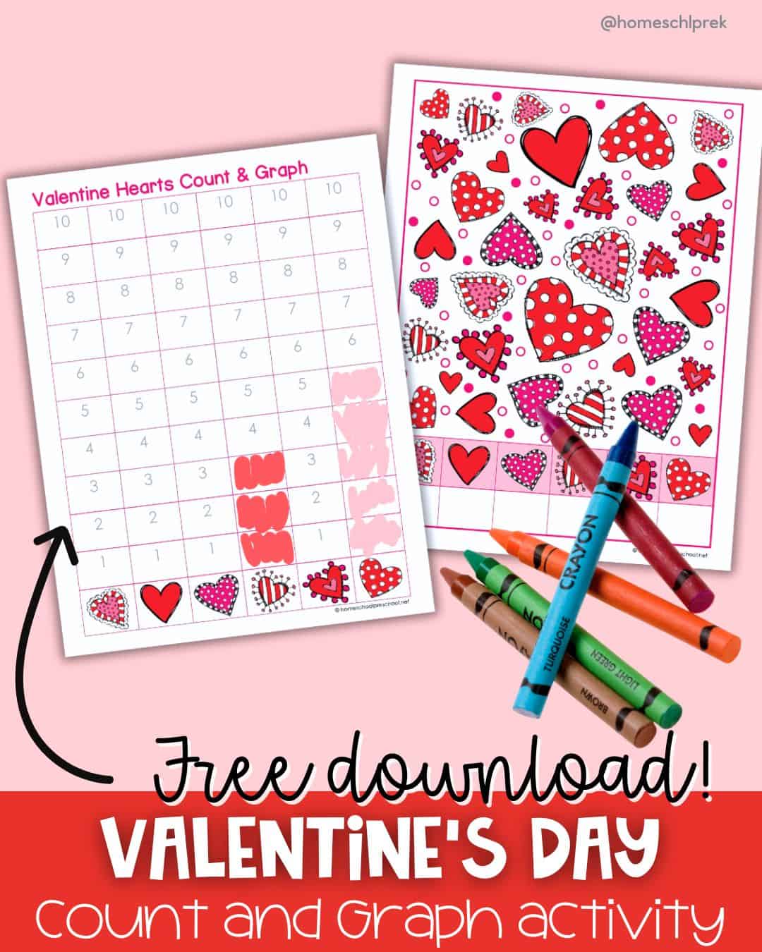 Valentine count and graph worksheet for preschool with heart pictures and a simple counting graph