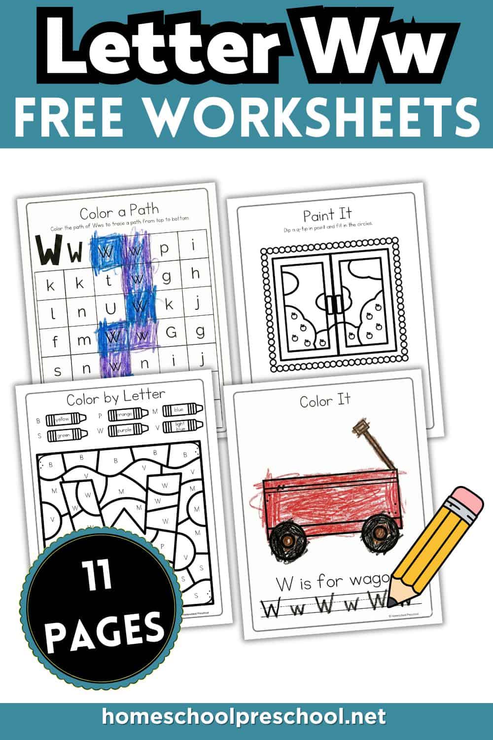 Letter W worksheets for preschool featuring tracing, color by letter, paint, and letter recognition activities with 11 printable pages.