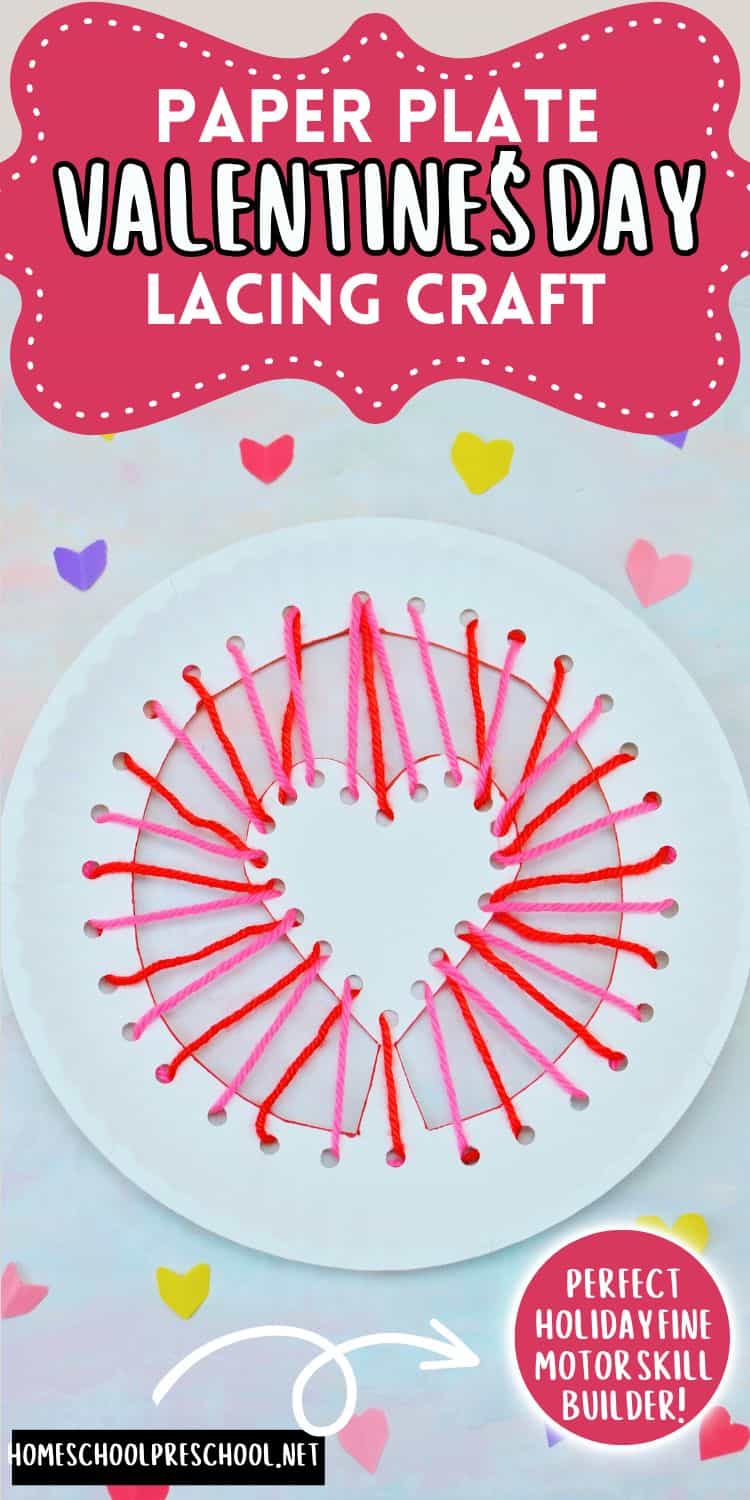 Paper plate Valentine’s Day lacing craft with red and pink yarn woven into a heart shape for fine motor practice