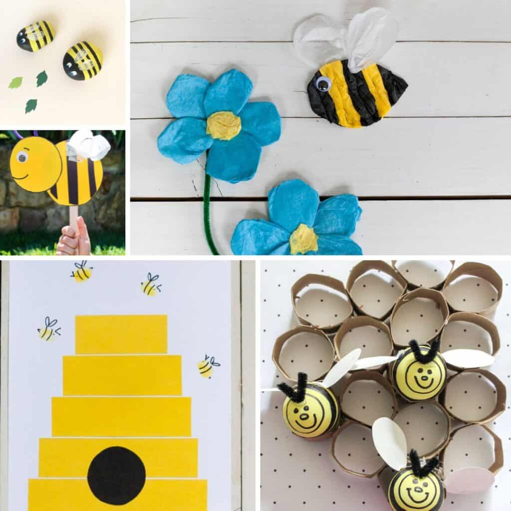 Collage of preschool bee crafts including painted rock bees, tissue paper flowers, paper roll hive, and smiling bee puppets