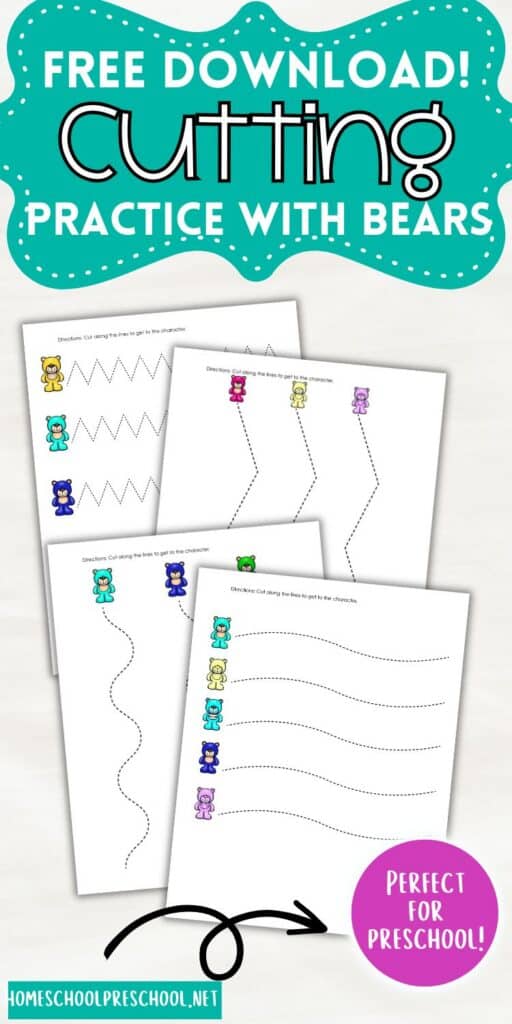 Promotional image for free bear-themed cutting practice printable featuring preschool scissor skill worksheets with dotted straight, curved, and zigzag lines leading to colorful teddy bears, labeled “Free Download Cutting Practice with Bears”