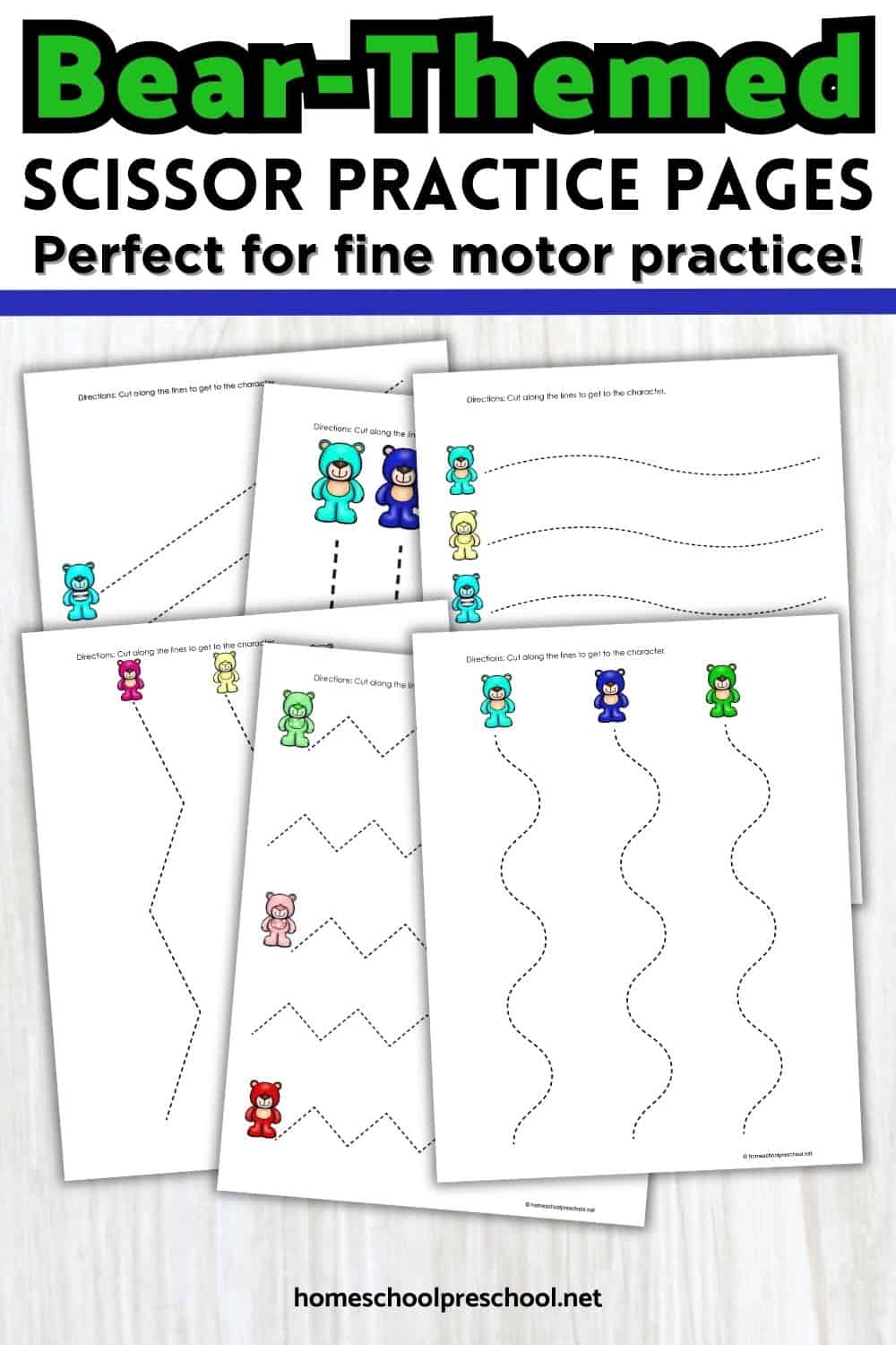 Bear-themed scissor practice pages for preschool featuring dotted cutting lines in straight, curved, wavy, and zigzag patterns with colorful teddy bears at the top of each page, designed for fine motor skill development.