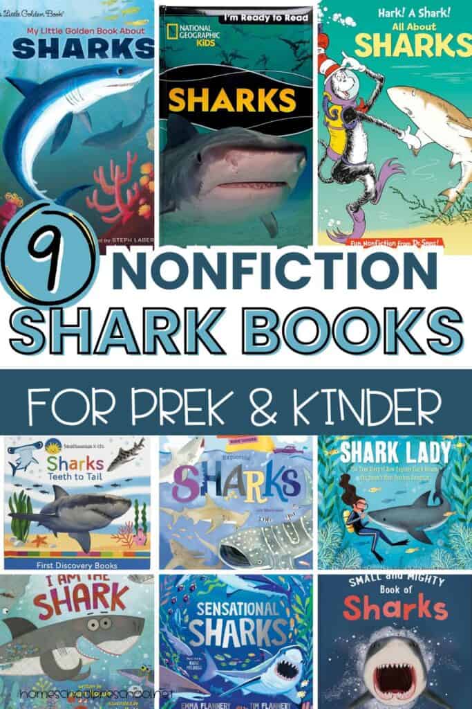 Collage graphic showing nine nonfiction shark books for preschool and kindergarten, with illustrated and photo-based book covers.