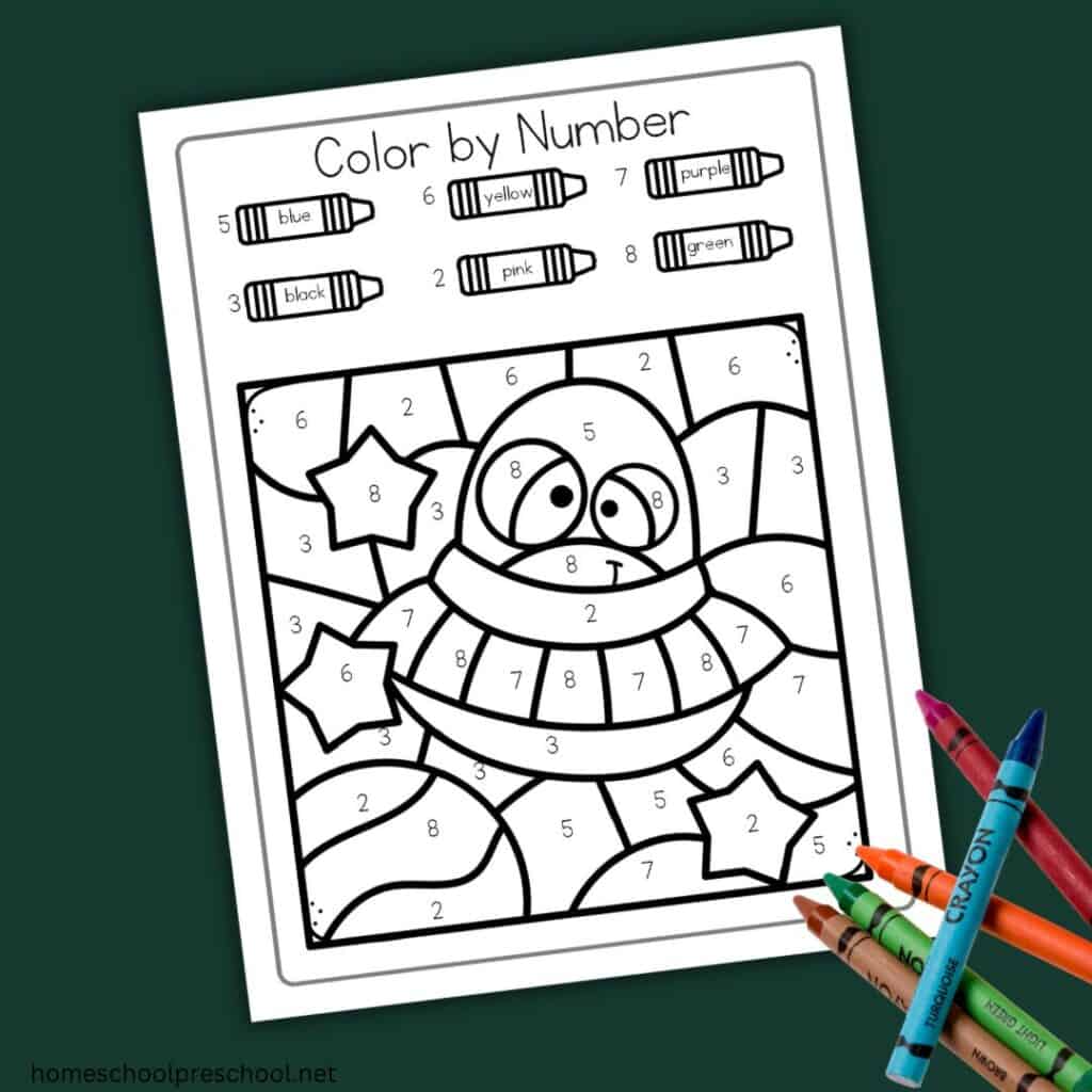 Preschool color by number featuring an alien in a spaceship