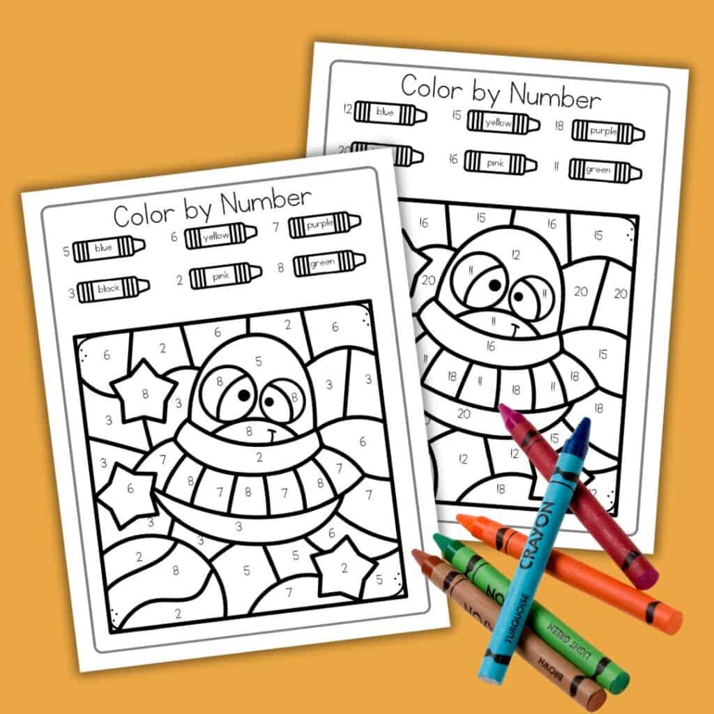 Color by number activity sheet with an alien spaceship