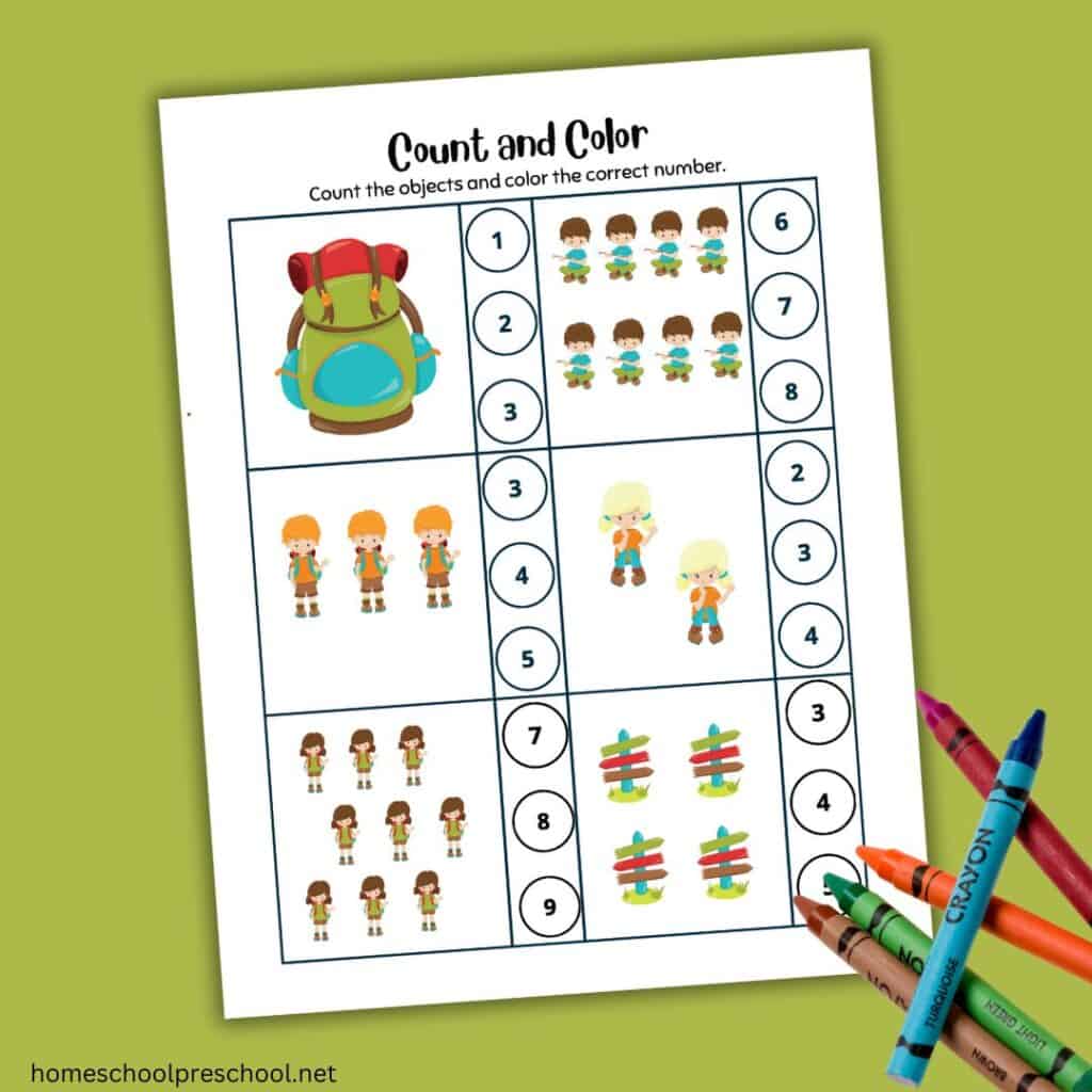 green background, crayons, and a count and color worksheet