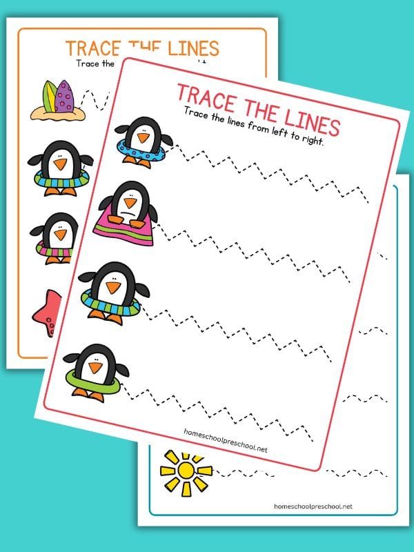 Beach Penguins Line Tracing Worksheets