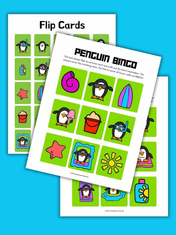 Beach Penguins Preschool Bingo Printable