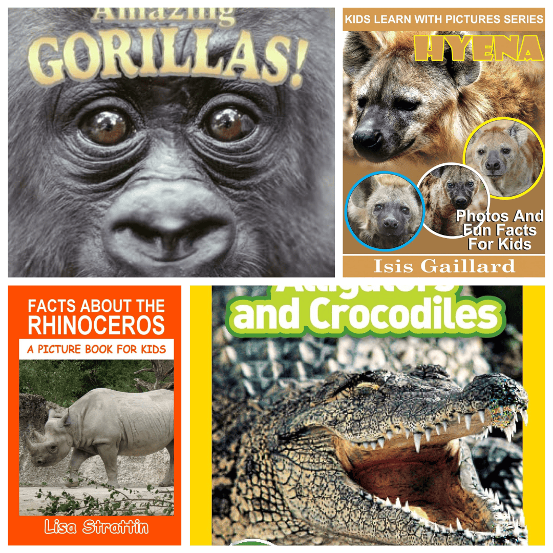 A collage of wild animal books for preschoolers featuring gorillas, hyenas, rhinoceroses, alligators, and crocodiles, with colorful covers and fun facts for young readers.