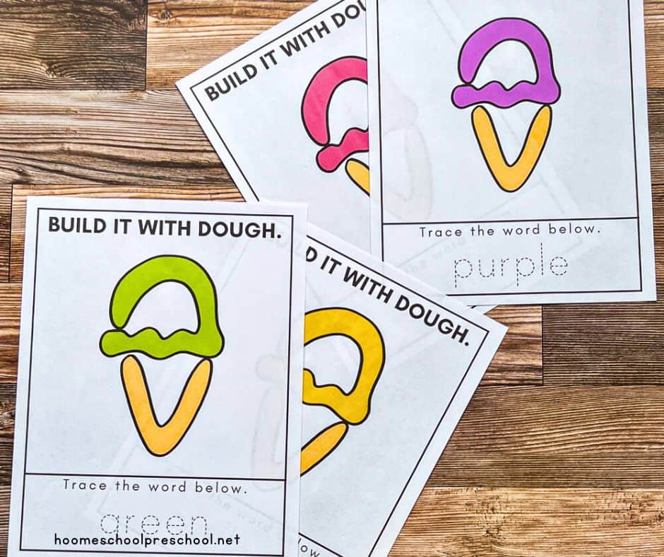 Printable ice cream playdough mats on a wooden surface, featuring green, purple, and yellow ice cream cones with traceable words.