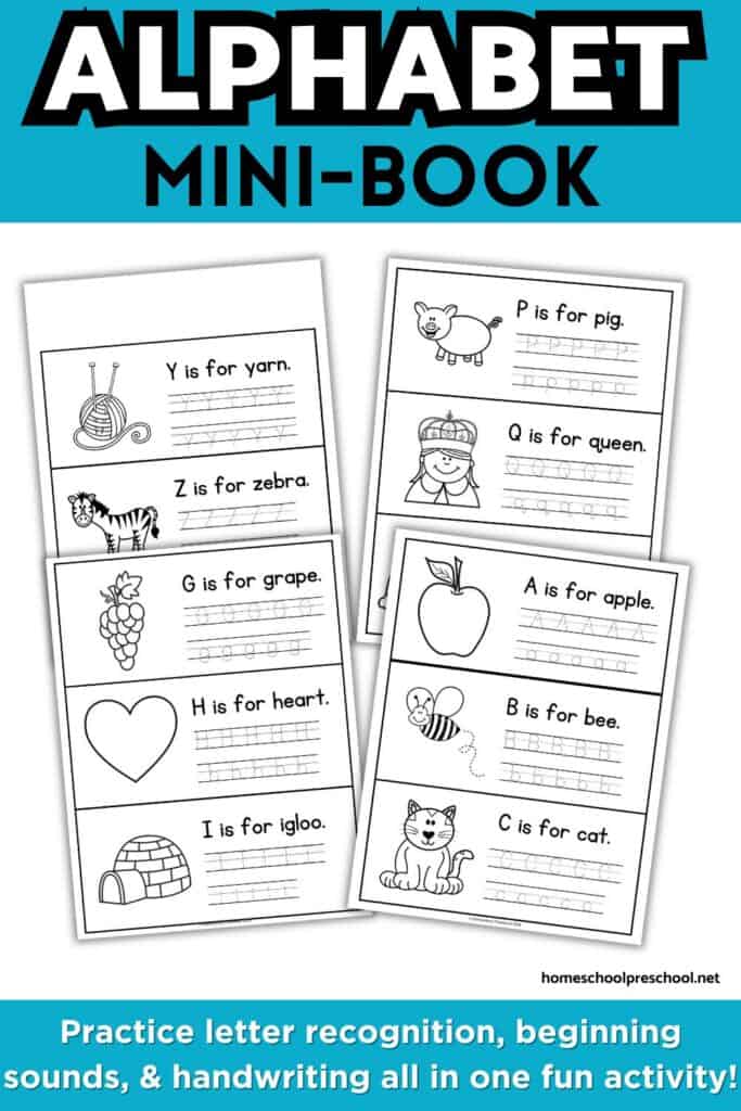 Alphabet mini-book printable with A–Z letter tracing pages showing pictures and handwriting practice for preschool.