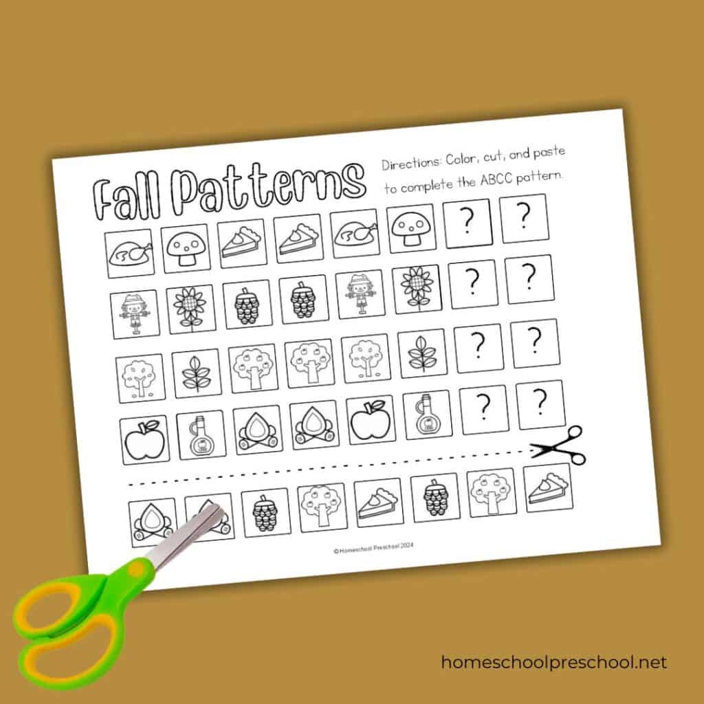 Printable fall patterns worksheet for preschoolers with autumn-themed images. Encourages pattern recognition and fine motor skills.