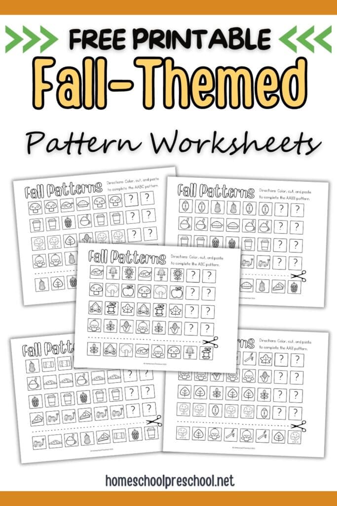 Educational fall pattern worksheet for preschoolers. Children complete patterns by coloring, cutting, and pasting fall-related images.