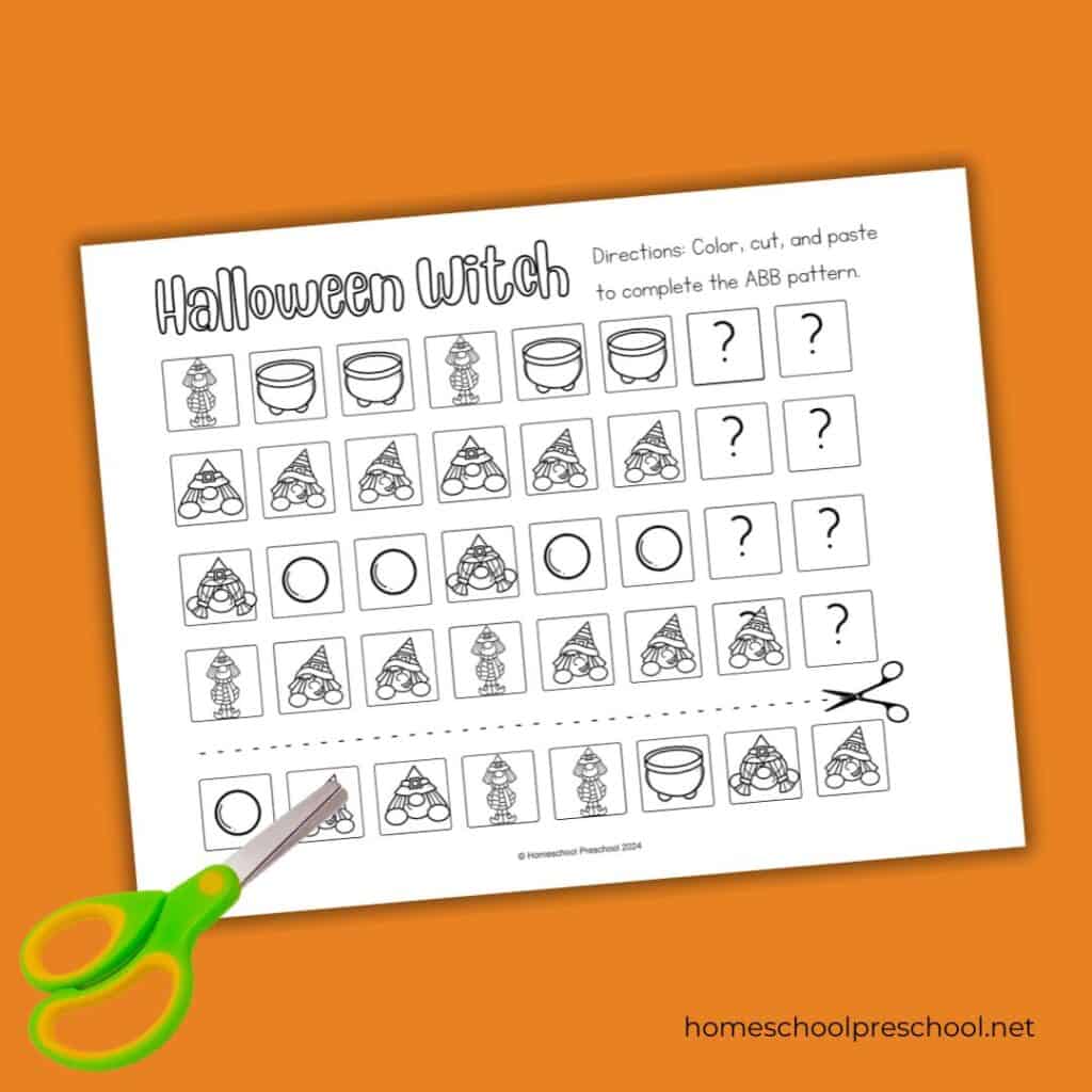 Halloween pattern worksheet for preschool featuring an ABB pattern activity with images to color, cut, and paste for learning.