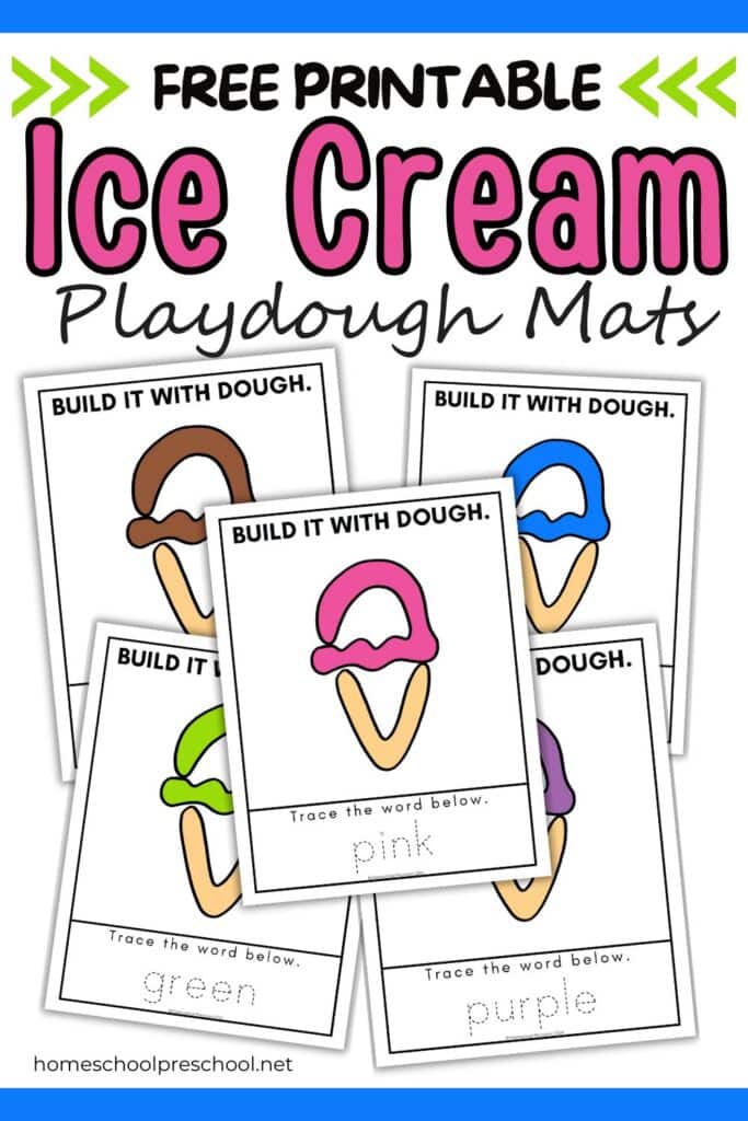 Free printable ice cream playdough mats featuring colorful ice cream cones with traceable color words for preschool activities.