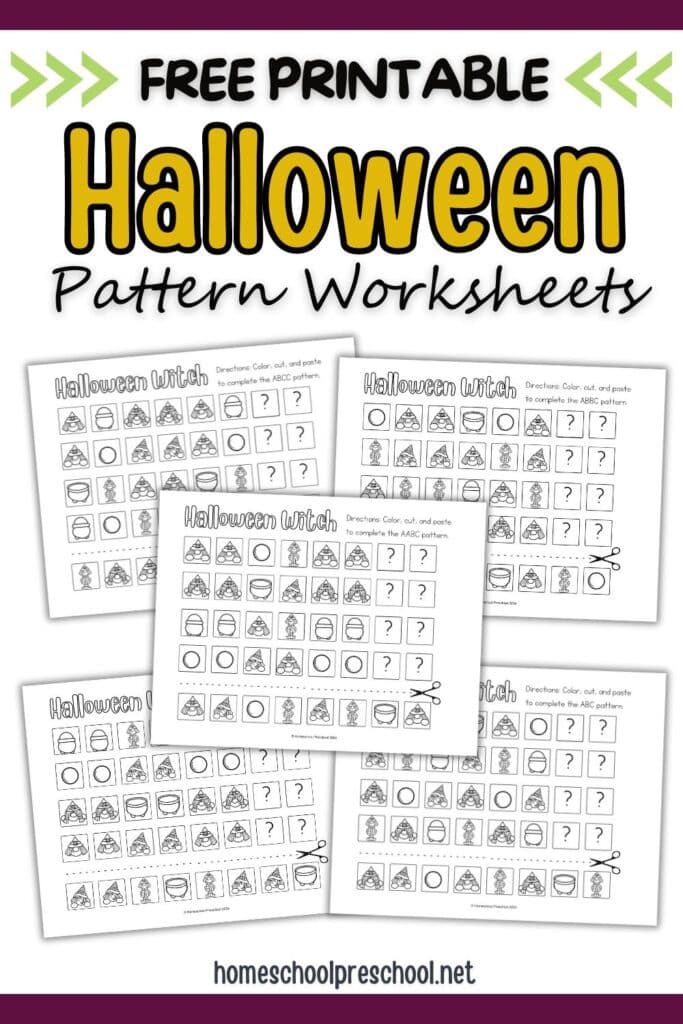 Free printable Halloween pattern worksheets for preschool, featuring various Halloween-themed ABCC pattern activities.