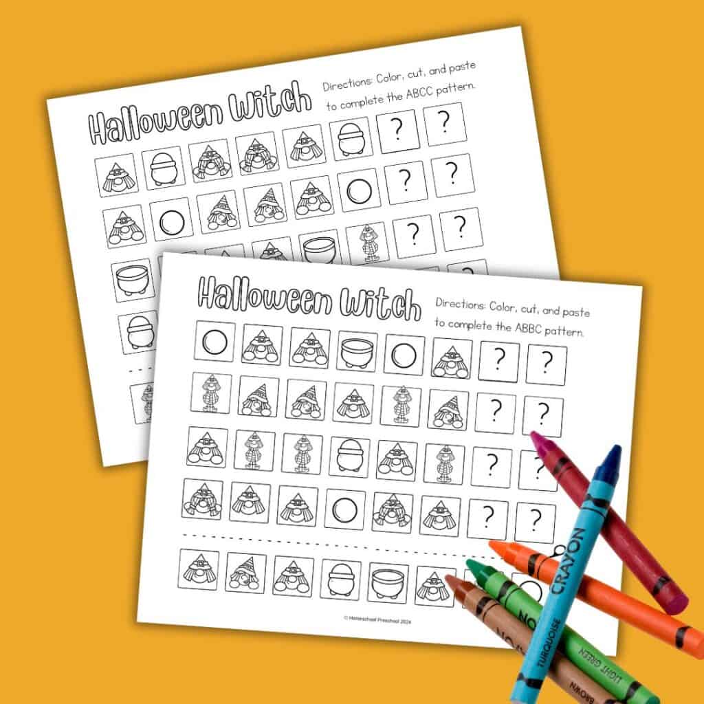Halloween-themed pattern worksheets for preschool featuring ABCC and ABBC patterns, with crayons ready for coloring and cutting.