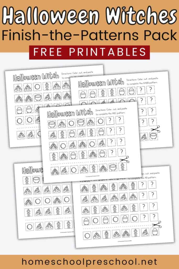 Halloween Witches finish-the-patterns pack with free printable worksheets for preschoolers to color, cut, and complete patterns.