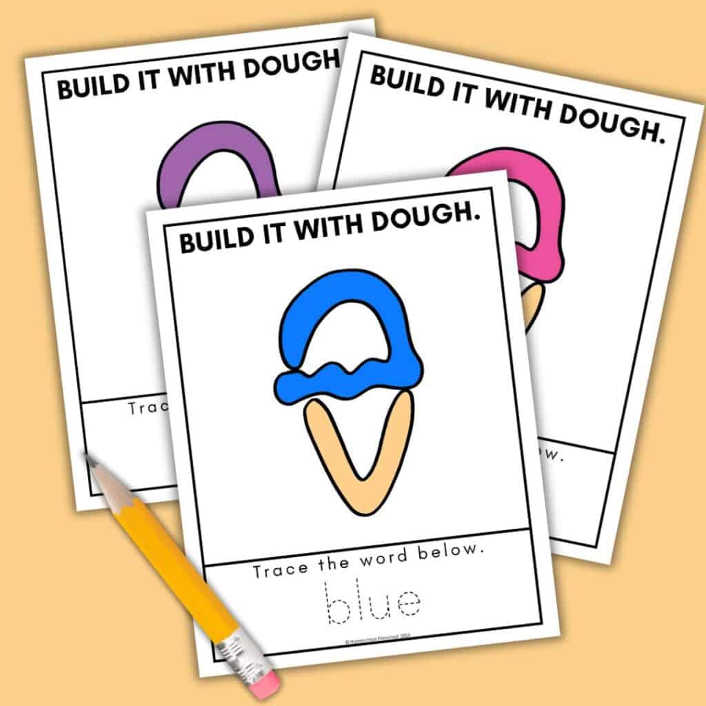 Printable ice cream playdough mats with blue, purple, and pink cones featuring traceable color words on a peach background.