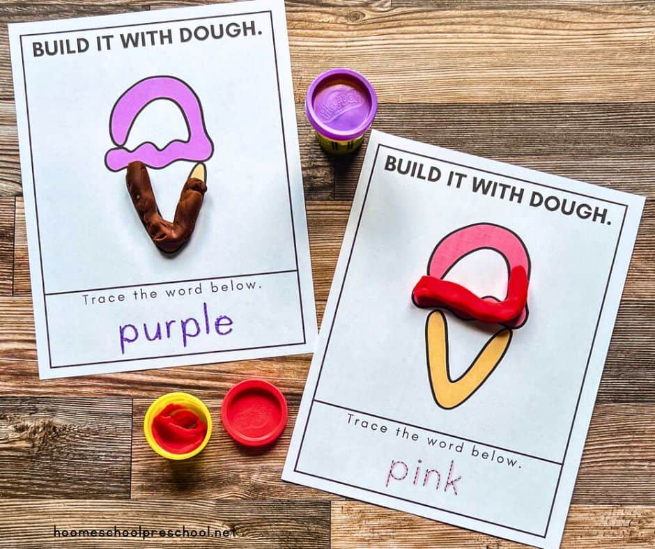 Printable ice cream playdough mats with purple and pink cones, featuring matching playdough colors and traceable words on a wooden surface.