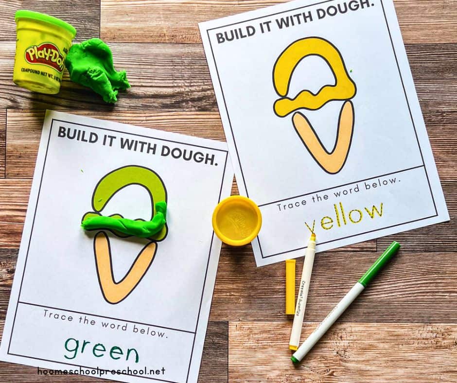 Printable ice cream playdough mats with green and yellow cones, featuring matching playdough and traceable words on a wooden surface.