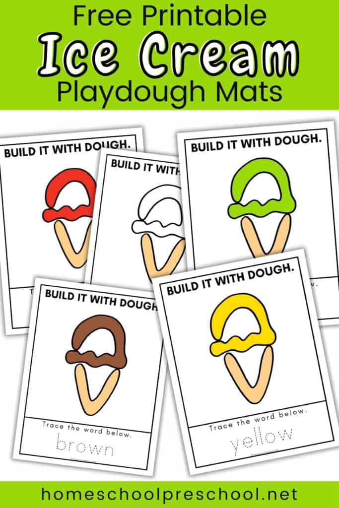 Free printable ice cream playdough mats featuring various cone colors with traceable words, perfect for preschool learning activities.