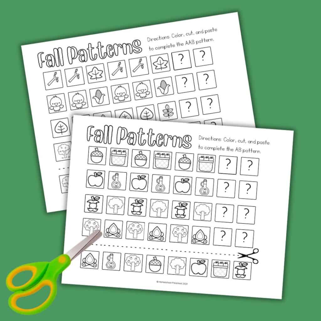 Preschool fall pattern worksheet with ABB sequence. Kids color, cut, and paste fall-themed images to finish each row.