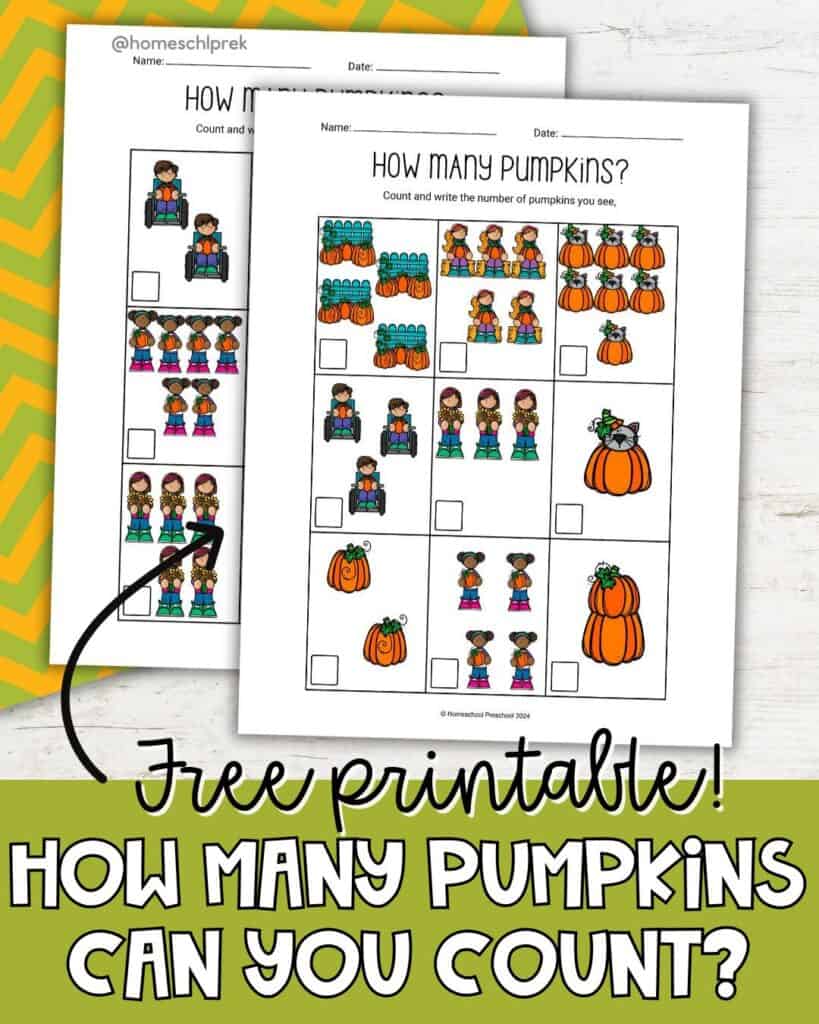 Free printable pumpkin counting worksheets for preschoolers. Kids count pumpkins in each box and write the number, featuring colorful fall images.