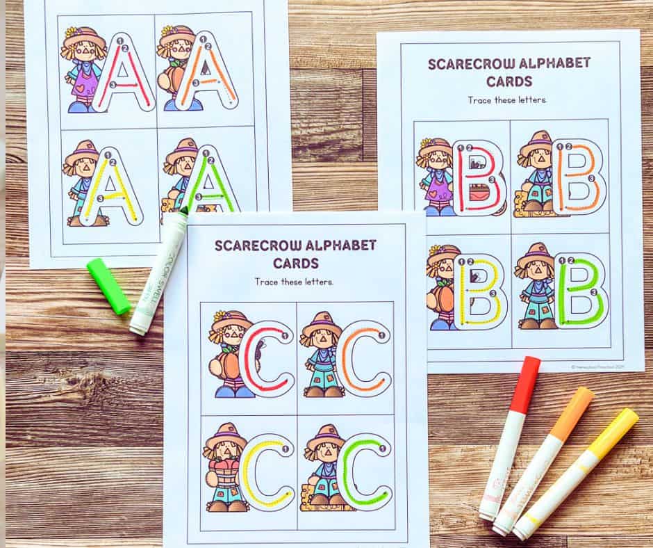 Scarecrow Letter Tracing Cards Free Image of Letters A, B, and C