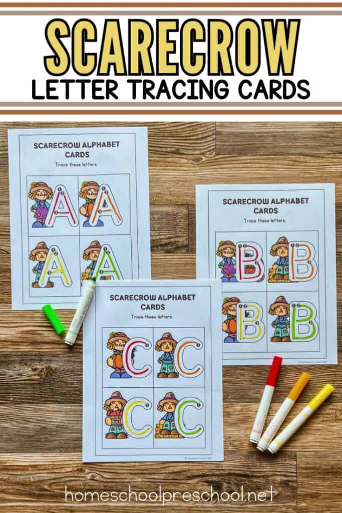 Three scarecrow-themed letter tracing sheets show the letters A, B, and C with colorful scarecrow illustrations. Markers are placed nearby for tracing.