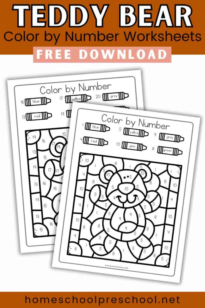 Teddy bear color by number worksheets featuring numbers 1-20, with crayons indicating color codes for each number, free download at homeschoolpreschool.net.
