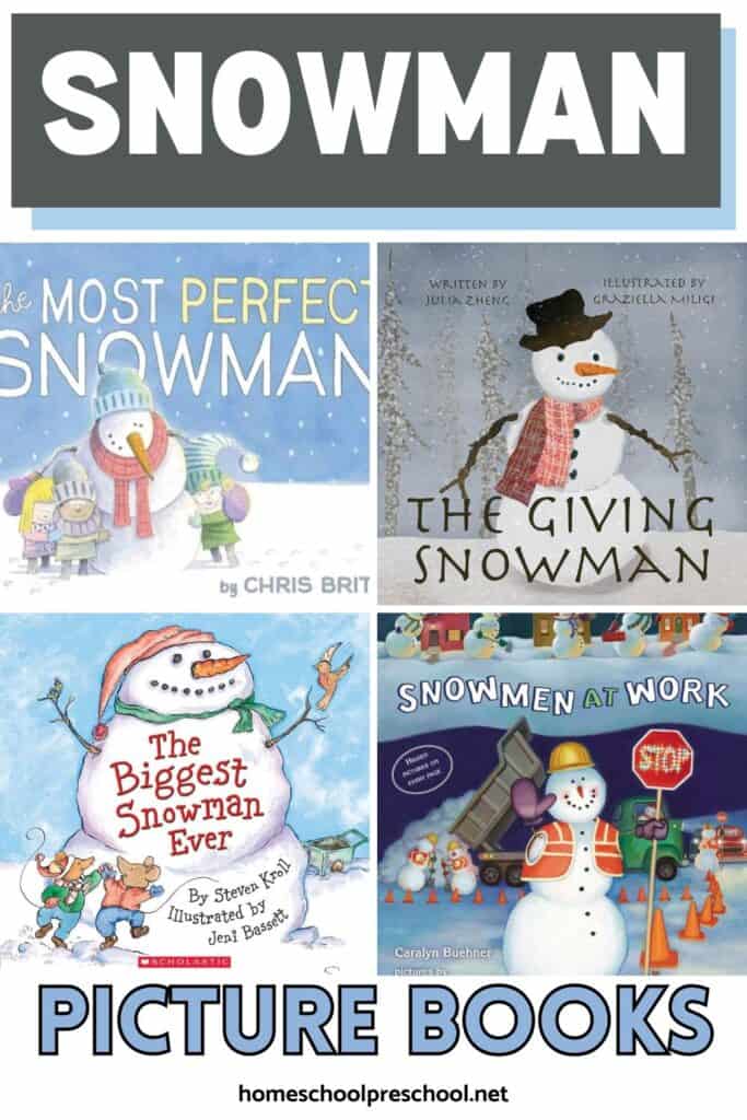 Snowman picture book collage featuring popular winter read-alouds for preschoolers, including The Biggest Snowman Ever and Snowmen at Work.