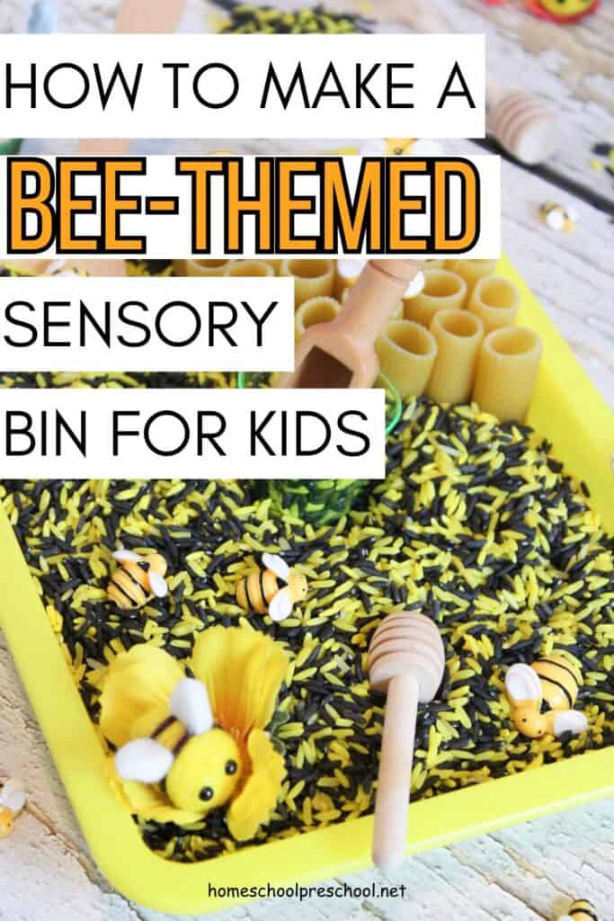 Bee sensory bin for kids with black and yellow dyed rice, bee figurines, pasta tubes, wooden scoop, and honey dipper in a yellow tray.