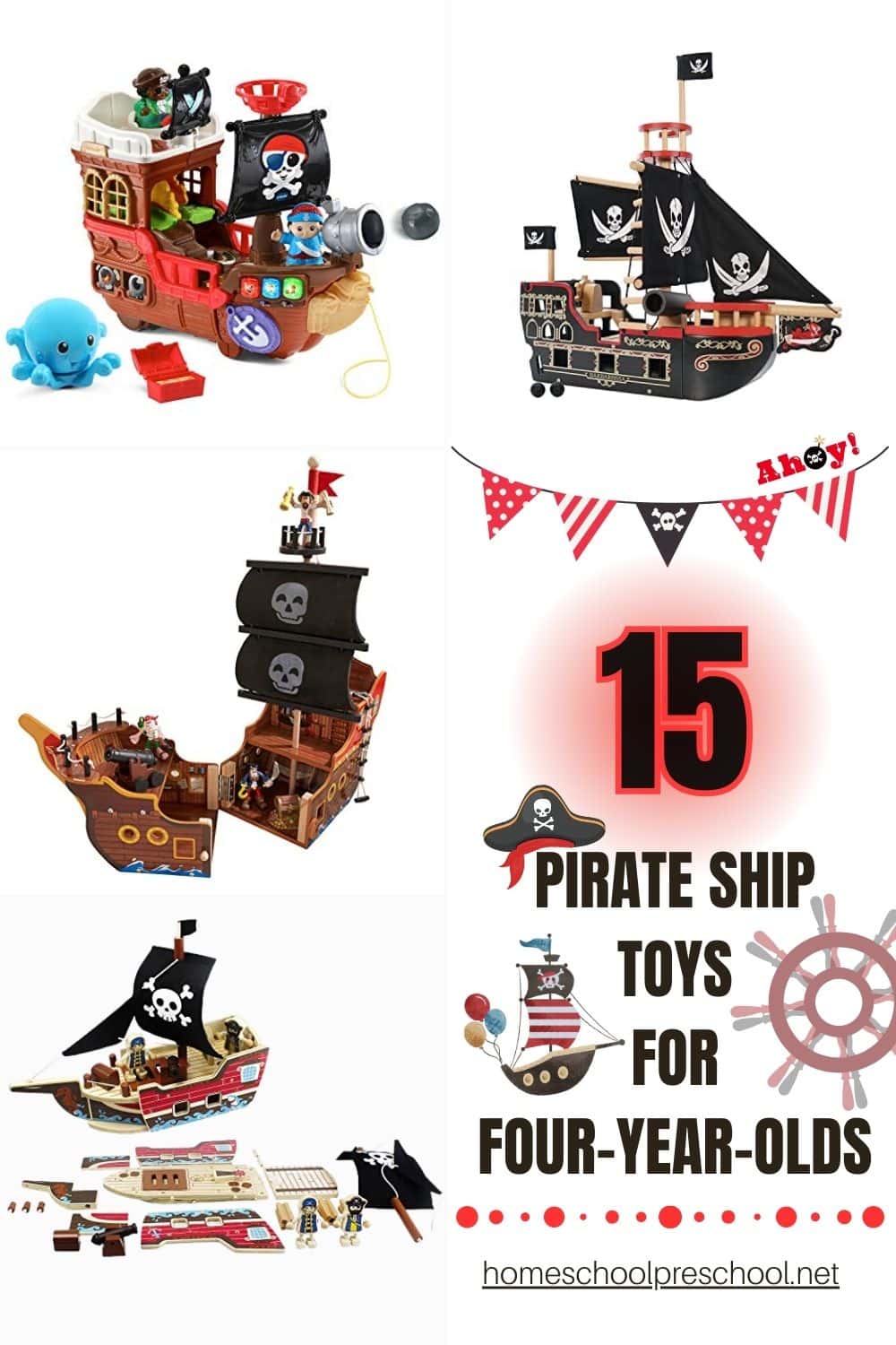 Collage of pirate ship toys for preschoolers with text reading “15 Pirate Ship Toys for Four-Year-Olds” from homeschoolpreschool.net.