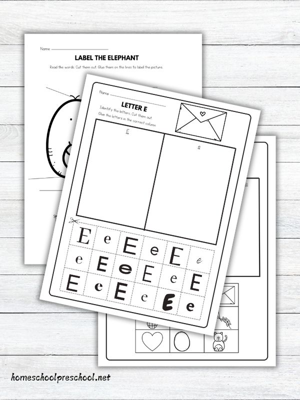 Letter E Cut and Paste Worksheets