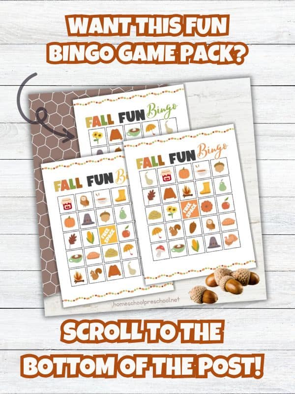 Promotional graphic for a printable Fall Bingo Game Pack with preview images of game boards and a call to action to scroll to the bottom of the blog post.