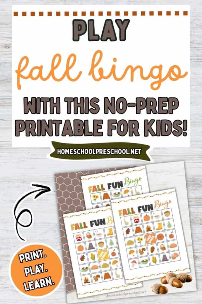 Fall Bingo printable game pack for kids with no-prep instructions and autumn-themed boards, ideal for homeschool, classroom, or co-op fun.