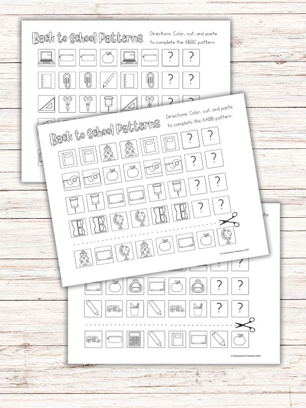 Back to School Preschool Pattern Worksheets