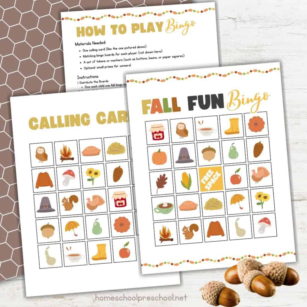 Fall Bingo printable set for preschoolers with a calling card, game board, and instructions, featuring autumn-themed icons and acorn accents.