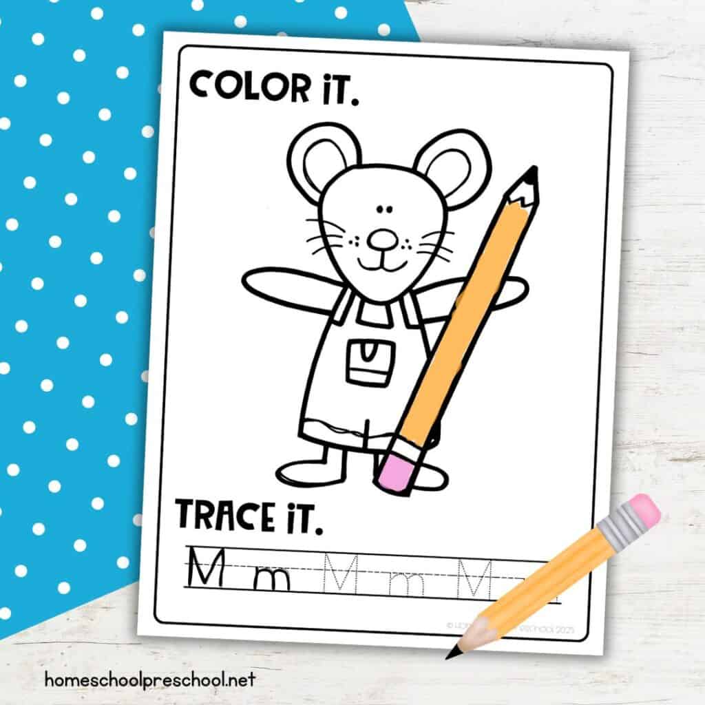 Free printable If You Take a Mouse to School tracing and coloring page for preschoolers to practice letter M.