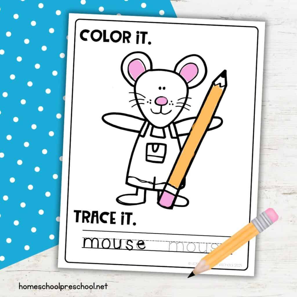 Free If You Take a Mouse to School tracing worksheet for preschoolers to color and trace the word mouse.