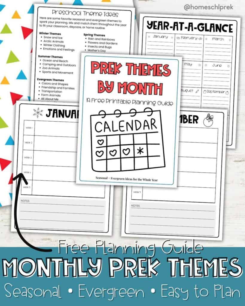 Monthly preschool themes free printable planner with calendar and theme ideas.