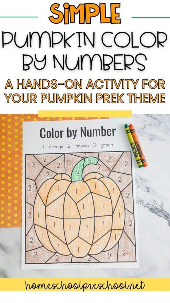 Pumpkin color by number printable page with crayons for fall learning.
